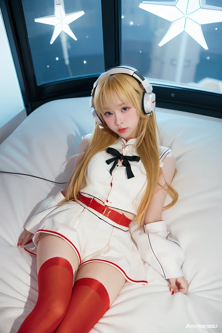 (Top view),Dynamic Angle,Extremely detailed, illustration, close up, straight on, 1 Girl, 
 ((Soryu Asuka Rangrai, Interface Headphones, Red tights:1.4, Blonde)),Her eyes shone like Dreamy stars,(Glowing eyes:1.233),(Beautiful and delicate eyes:1.1),(Poker face,Shut up),(permanent), 
(Mechanical room with tools and spaceship windows，Located inside a white spaceship),
(night:1.2),Dreamy, [[Slender fingers and hands:0.55]::0.85],(Detail fingers),