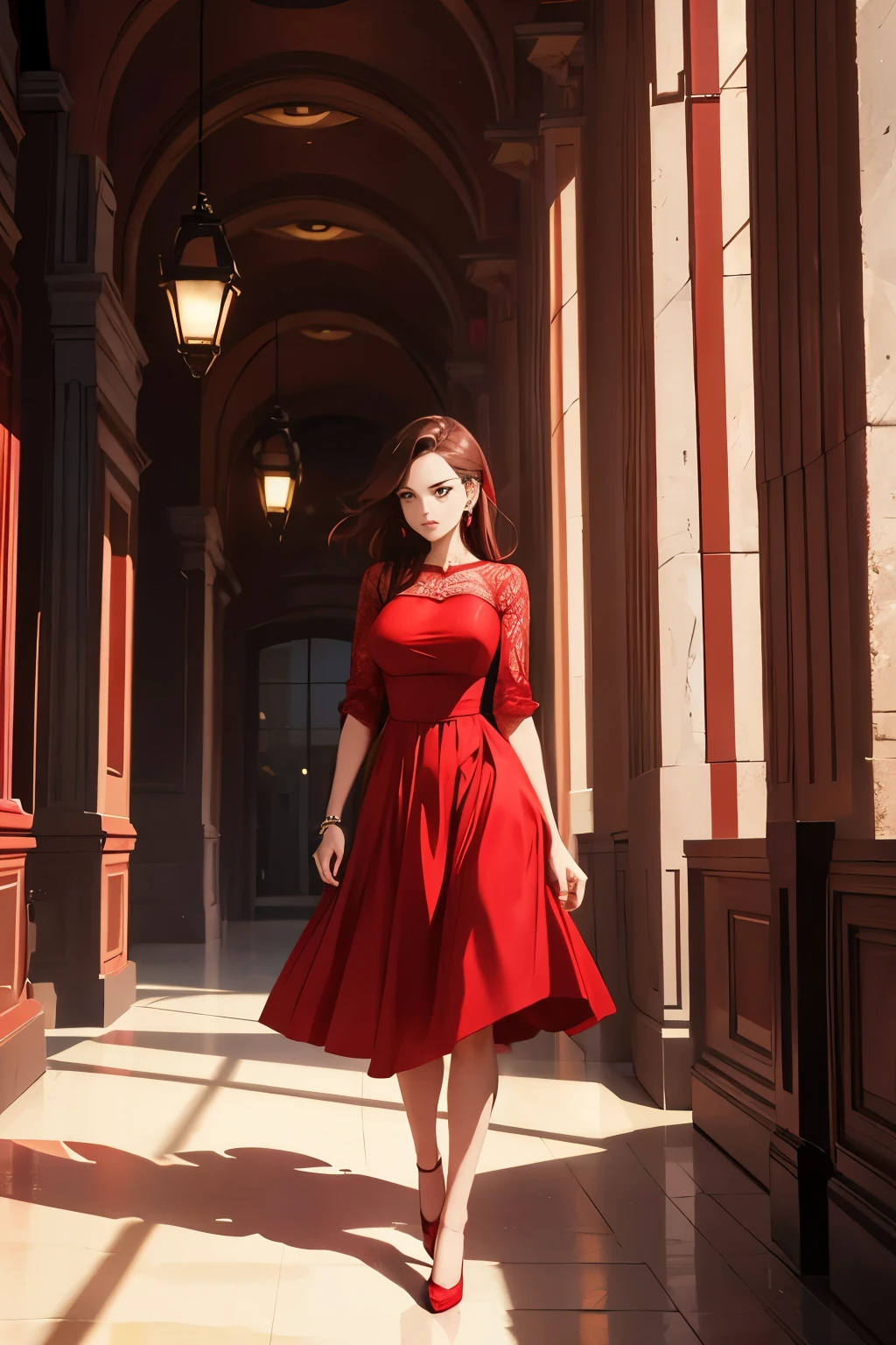 woman in chic red dress in a charming and modern light environment