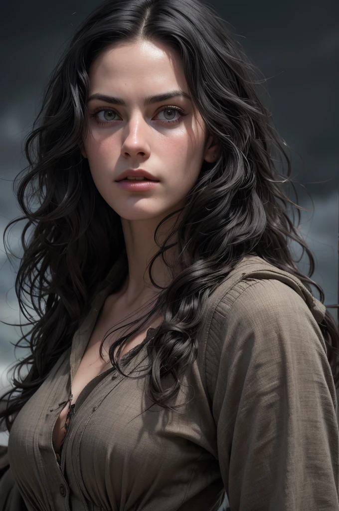 (masterpiece, absurdres, highres, ultra detailed), 1woman, wavy dark hair, adult, black eyes, focus,handsome face, yennefer the witcher, charming, detailed eyes and face, angry expression, sky background, looks like Kaya Scodelario, ghostly ethereal look