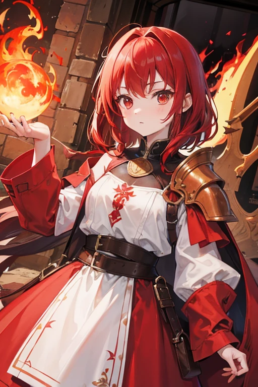 Girl with shoulder-length red hair, with medieval dress brown with white and red, fire around and a red dragon on his shoulder little dragon