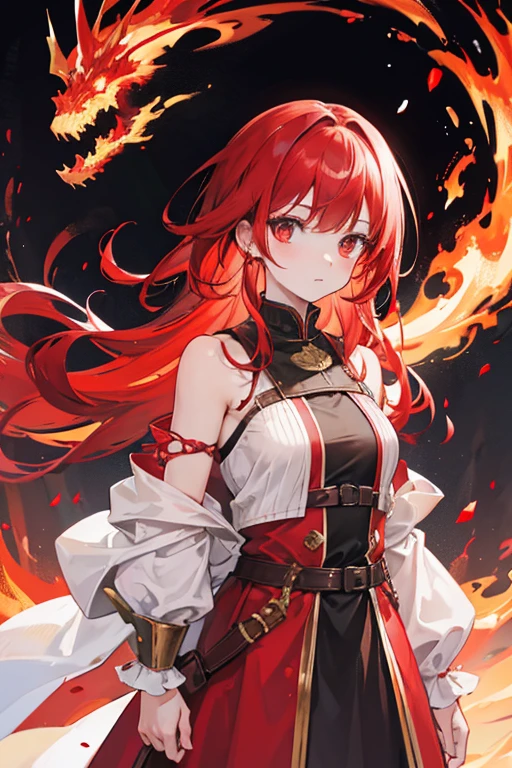 Girl with shoulder-length red hair, with medieval dress brown with white and red, fire around and a red dragon on his shoulder little dragon