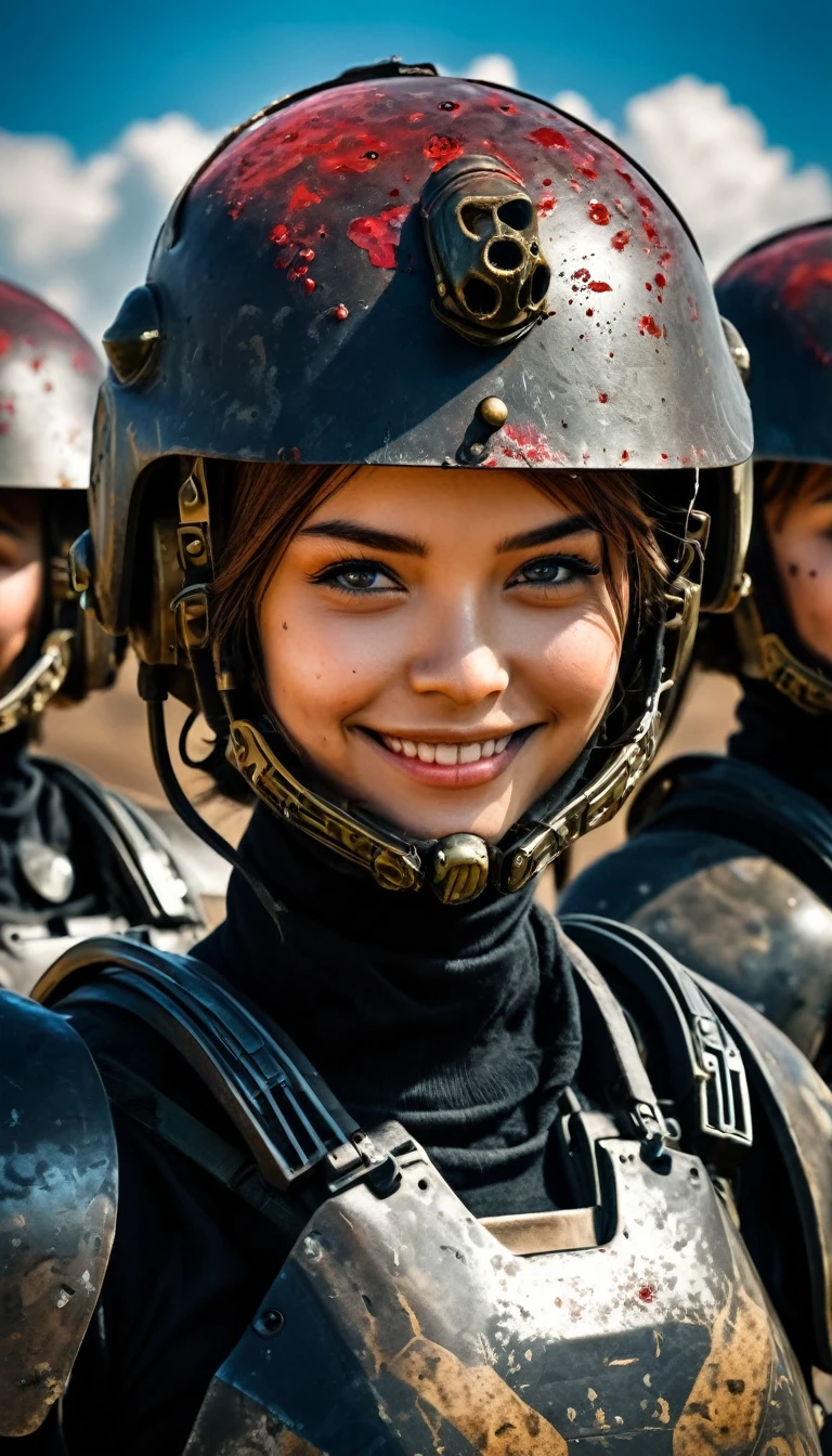 Close-up of a ((extremely beautiful girl warior)) , half human, half beast, their faces a bit partially obscured by military helmets. Their eyes are filled with hapiness and longing. The background is a trail of blood and violence. SHe wears a mechanized robot armor, carved with animal elements, human skulls. The sky is filled with swirling, fiery clouds. The photo conveys a strong sense of the warrior's appearance, ((smiling))