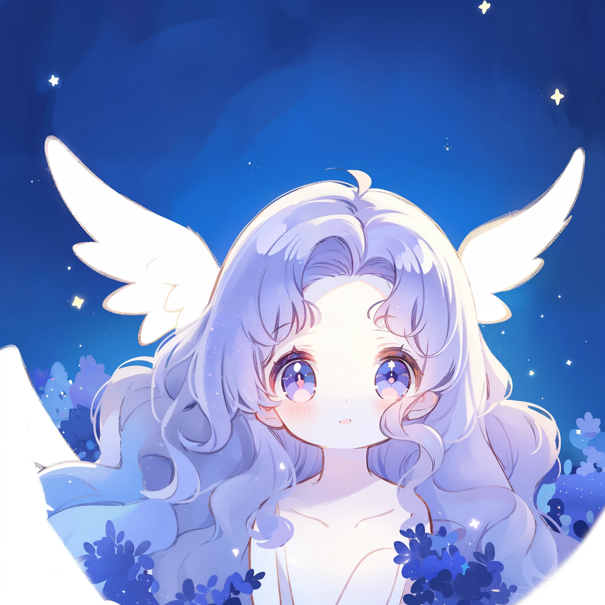 nude angel girl wearing an ethereal translucent dress, pale skin, ((wavy gradient blue purple hair)), white feathers, angel wings, sparkling detailed eyes, golden ratio face, perfect composition, highly detailed, ethereal, (starry night sky background), midjourney style