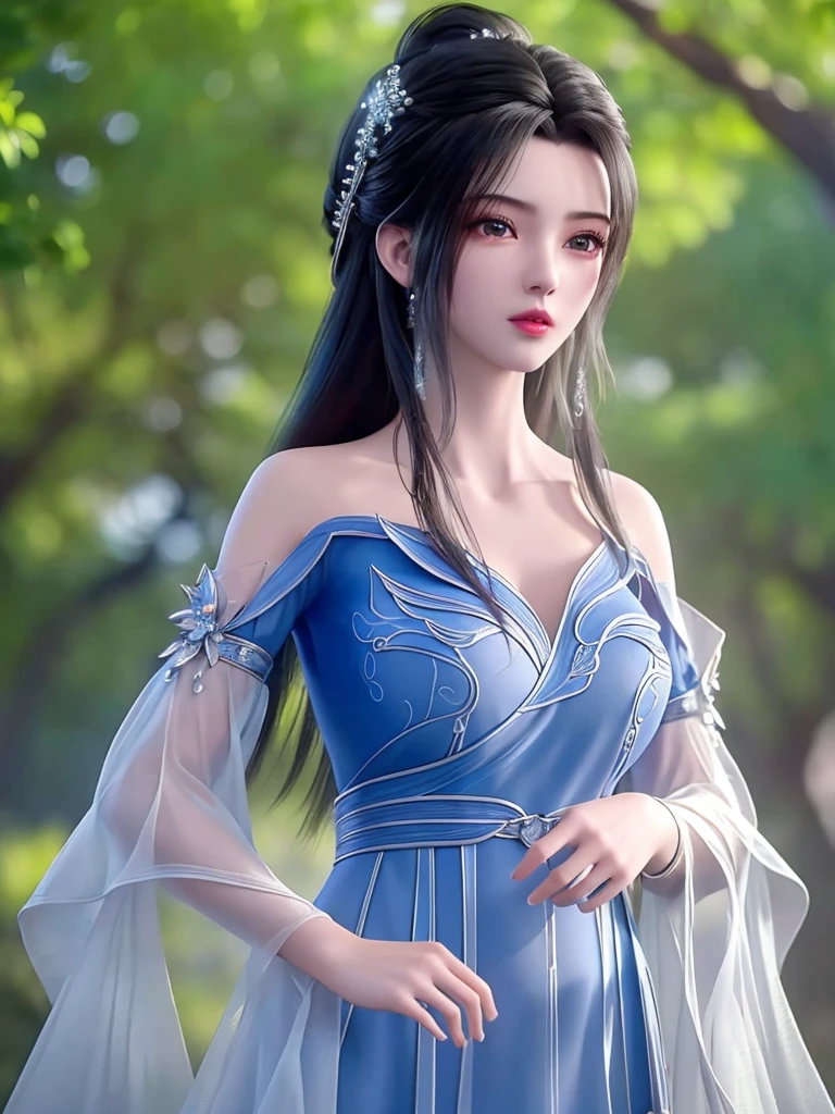 (8K, RAW photos, best quality, masterpiece:1.2),(Practical, photo-Practical:1.4), Extremely detailed, extremely detailed cg 8K wallpaper,(Crystal textured skin:1.2), (Extremely refined),
1 Girl,Solitary, Practical,Black Hair,Long hair,Bare shoulders,Blue Dress,Large Breasts,cleveage, Looking at the audience, outdoor,