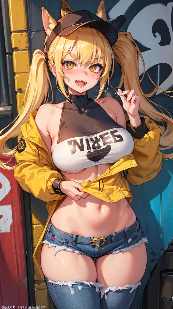 Original Character, Volumetric Lighting, Best Shadows, Shallow Depth of Field, Portrait Of Stunningly Beautiful Girl, , Delicate Beautiful Attractive Face With Alluring Yellow Eyes, Messy Painted Face, Sharp Eyebrows, Broadly Smiling, Open Mouth, Fangs Out, Lovely Medium Breasts, Layered Long Twintail Blond Hair, Blush Eyeshadow, Thick Eyelashes, Applejack Hat, Oversized Pop Jacket, Mini Underboob Tee, Open Navel, Slim Waist, Denim Jeans Pants, With Buckle Belt, In The Graffiti Alley, Waste Container, Outside Stairs, Outdoor Unit, Holding Spray Paint Can, Standing, (Highest Quality, Amazing Details:1.25), (Solo:1.3), Brilliant Colorful Paintings