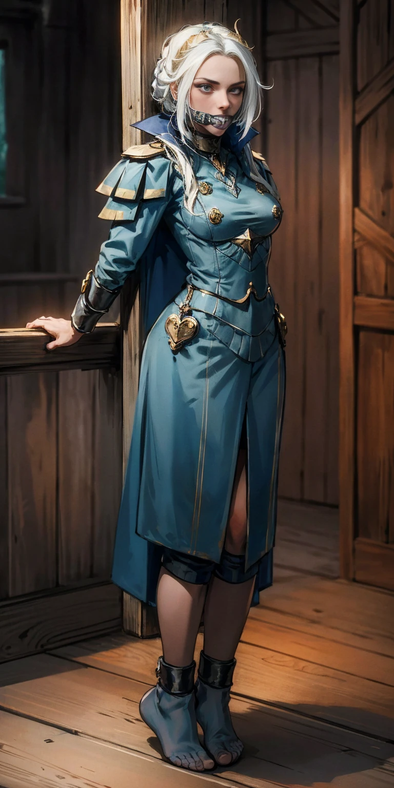 (masterpiece, best quality), intricate details, 1girl, Princess Edelgard von Hresvelg, (standing full body toe to head by wooden pole:1.2), iron collar, arms behind back, iron cuffs, shackles, bound, cleave gag