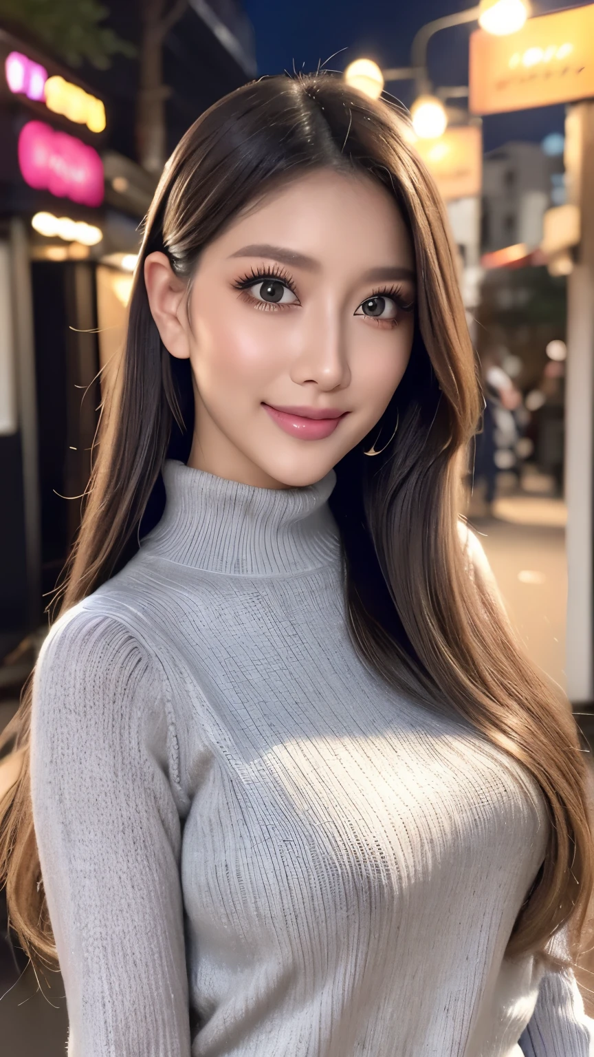 (Cowboy Shot、Highest quality、8k、Award-winning works、Ultra-high resolution)、One beautiful woman、(perfection, The most natural grey long sleeve sweater:1.1)、(blonde:1.1)、Bright color contacts、perfection Makeup、Bright and shiny lipstick、(Very heavy makeup:1.2)、(Deep pink around the eyes:1.1)、Beautiful bright eyeshadow、Heavy makeup around the eyes、(Big Breasts:1.2)、Wavy semi-long hair、(Romantic affection:1.1)、私を見た時の最高のsmile、(Many of them emphasize the body line...:1.1)、(Strongly blurred vibrant Harajuku city background:1.1)、(Strongly blurred background:1.1)、Accurate anatomy、Ultra HD Hair、(Ultra-high resolutionのperfectionな美しい歯:1.1)、Ultra-high definition beauty face、Ultra HD Hair、Ultra HD Shining Eyes、輝くUltra-high resolutionの美肌、Ultra-high resolutionの艶やかな唇,smile