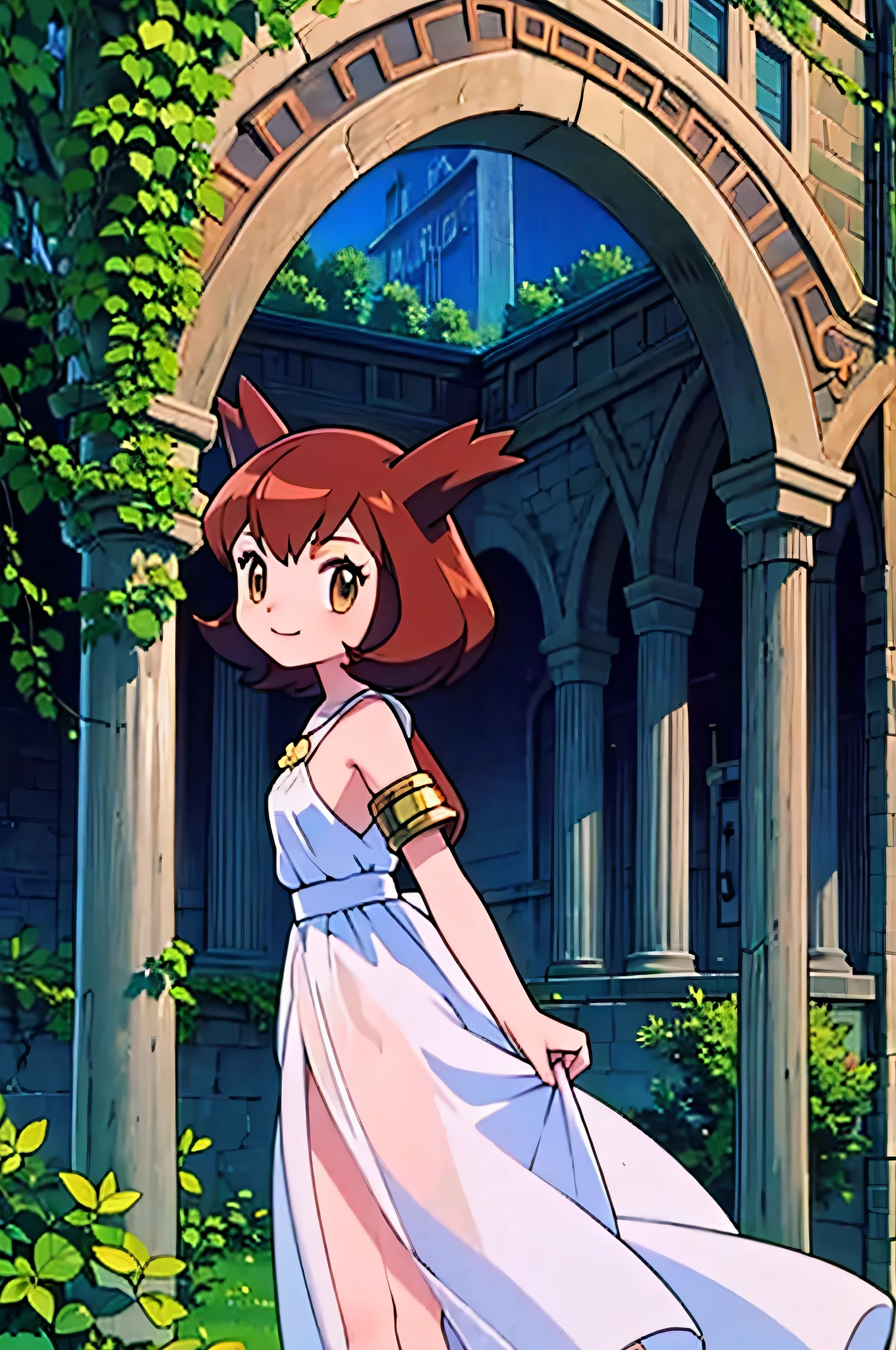 masterpiece, best quality, ultra-detailed, illustration, beautiful detailed eyes, very detailed illustration, cinematic lighting, 1 girl, solo, Pokemon Heroes (Bianca), Brown Hair, brown eyes, bare shoulders, greek clothes, peplos, armlet, see-through, arch, pillar, standing near a column, overgrown, vines, blue sky, arms behind back, smile, Close up, looking at viewers, far from the bottom

