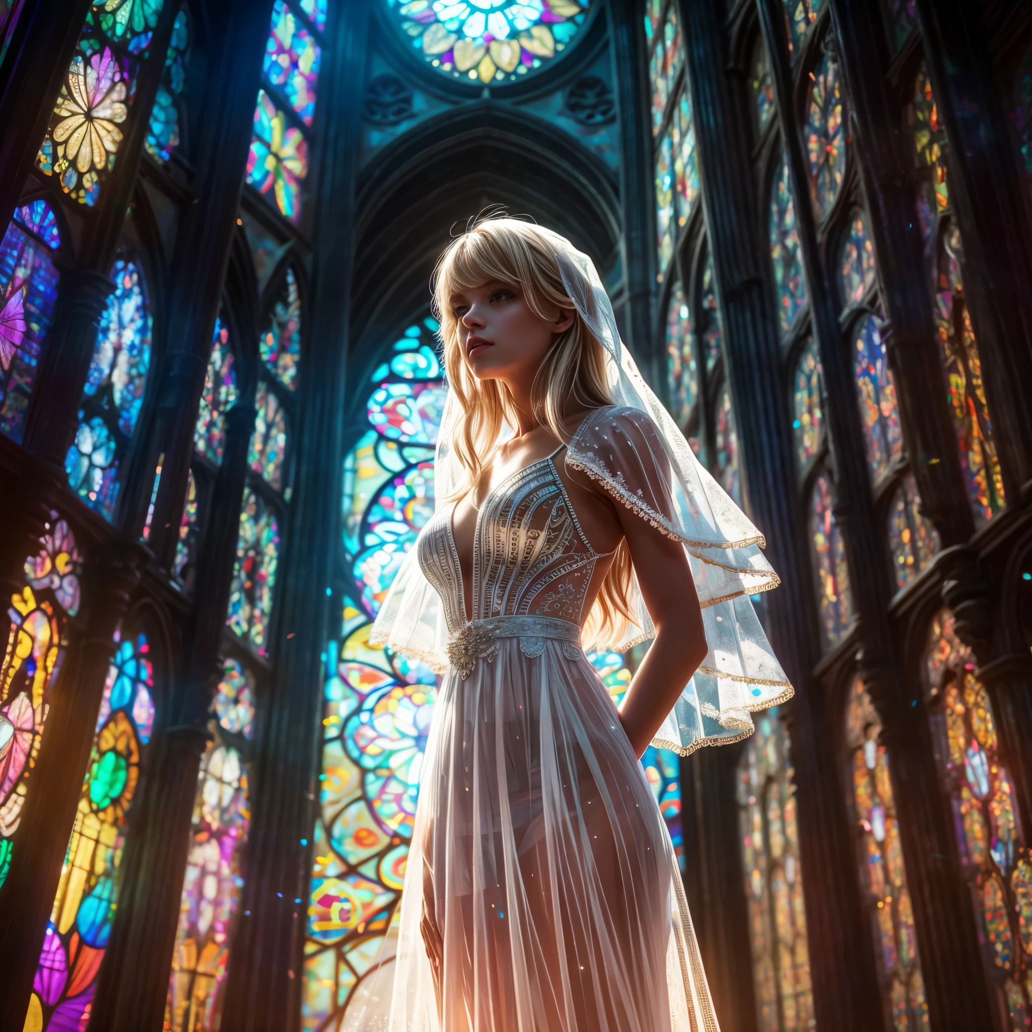 (Cathedral from below:1.28) (ZoomLayer) TopQuality 8K masterpiece of ((Professional photo)), (((Clarisse de Cagliostro))) (Detailed White WeddingDresses), Chain, (((Extremely detailed KAWAII face))) {((VeiledFace))|BlondeHair|(Elaborate BuleEyes)with(SparklingHighlights:1.28)}, The background is distant (((Elaborate stained glass))) Rainbow Glass, {(MysticSight)|EnchantingAtmosphere|Haze|(GodRays)|TyndallEffect}, Radiant PearlSkin with Transparency, (Exposed:0.39)