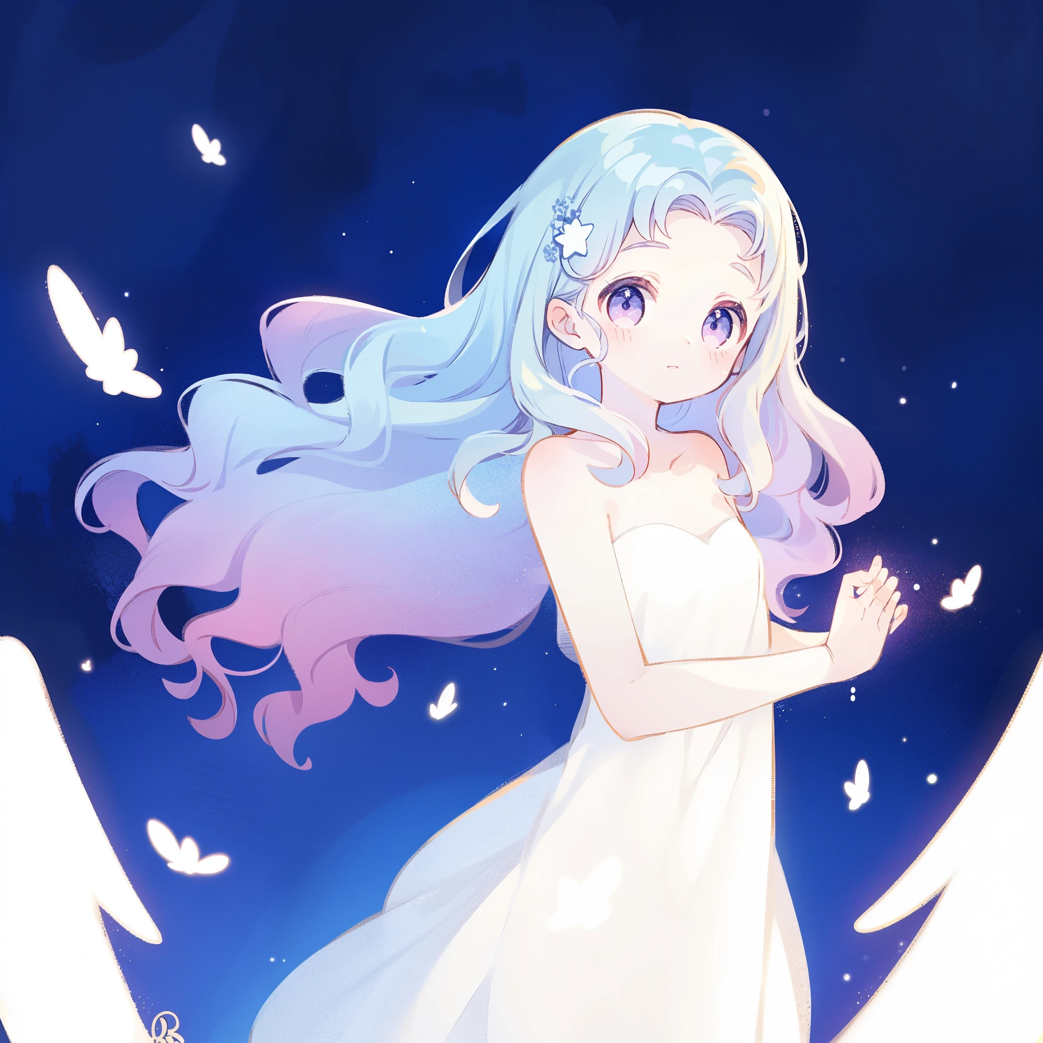 nude angel girl wearing an ethereal translucent dress, pale skin, ((wavy gradient blue purple hair)), white feathers, angel wings, sparkling detailed eyes, golden ratio face, perfect composition, highly detailed, ethereal, (starry night sky background), midjourney style