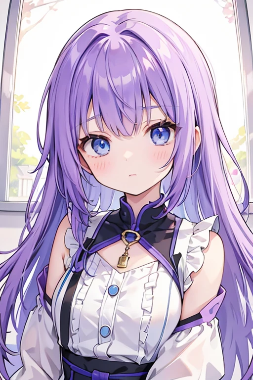 Purple haired girl with blue eyes and yellow vestodi