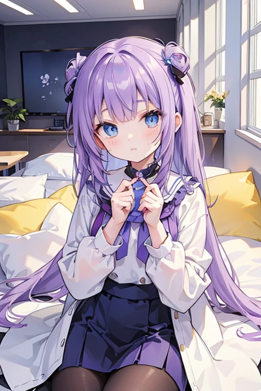 Purple haired girl with blue eyes and yellow vestodi 