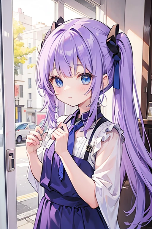 Purple haired girl with blue eyes and yellow vestodi