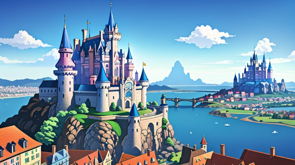 (Fantasy City),Castle in the city, outside, Montans, blue sky, colorful, Dynamic Angle, Most detailed),
