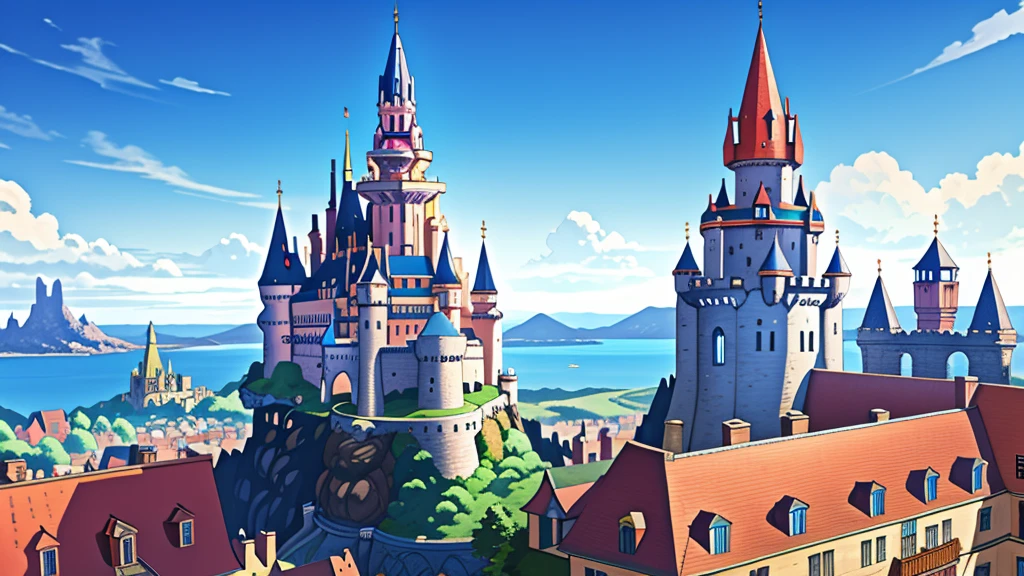 (Fantasy City),Castle in the city, outside, Montans, blue sky, colorful, Dynamic Angle, Most detailed),