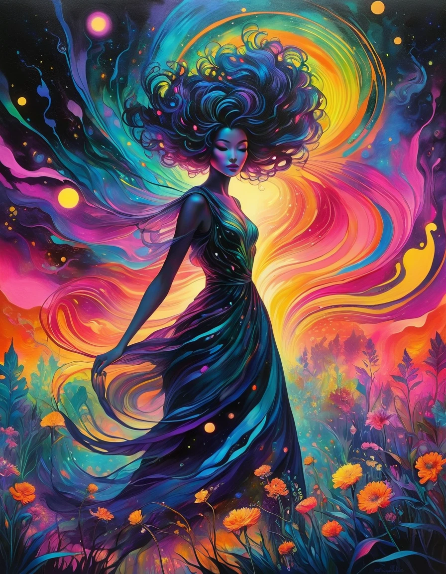 In a mesmerizing oil painting, a mysterious figure emerges from a haze of swirling colors. Their retro attire shines with metallic accents, while vibrant neon lights illuminate their expressionless face. The composition exudes nostalgia and intrigue, leaving viewers longing for a forgotten era. the gardens of sound made out of ral-hlgrphic,( hyperrealistic art breathtaking a lineart (vibrant alcohol ink sketch). [magnificent faetastic , , intriguing weirdness, color schemes extravaganza, mystery of darkness, unusual natural aesthetics, glossy].
