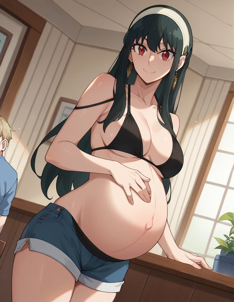 score_9, score_8_up, score_7_up, source_anime,
yorbriar, yor briar, black hair, red eyes, earrings, white hairband, hairband, long hair, sidelocks,
bare shoulders, bikini, shorts, thighs,
indoors, smile,
looking at viewer, dutch angle, cowboy shot, pregnant 