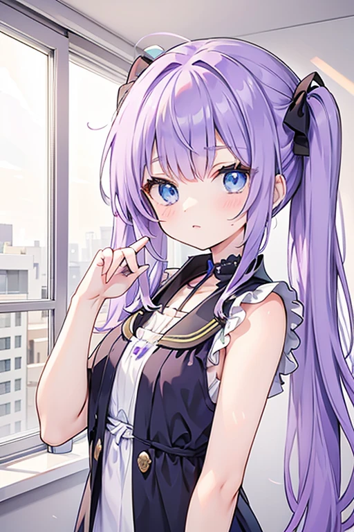 Purple haired girl with blue eyes and yellow vestodi