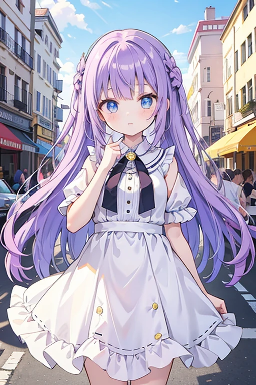 Purple haired girl with blue eyes and yellow vestodi