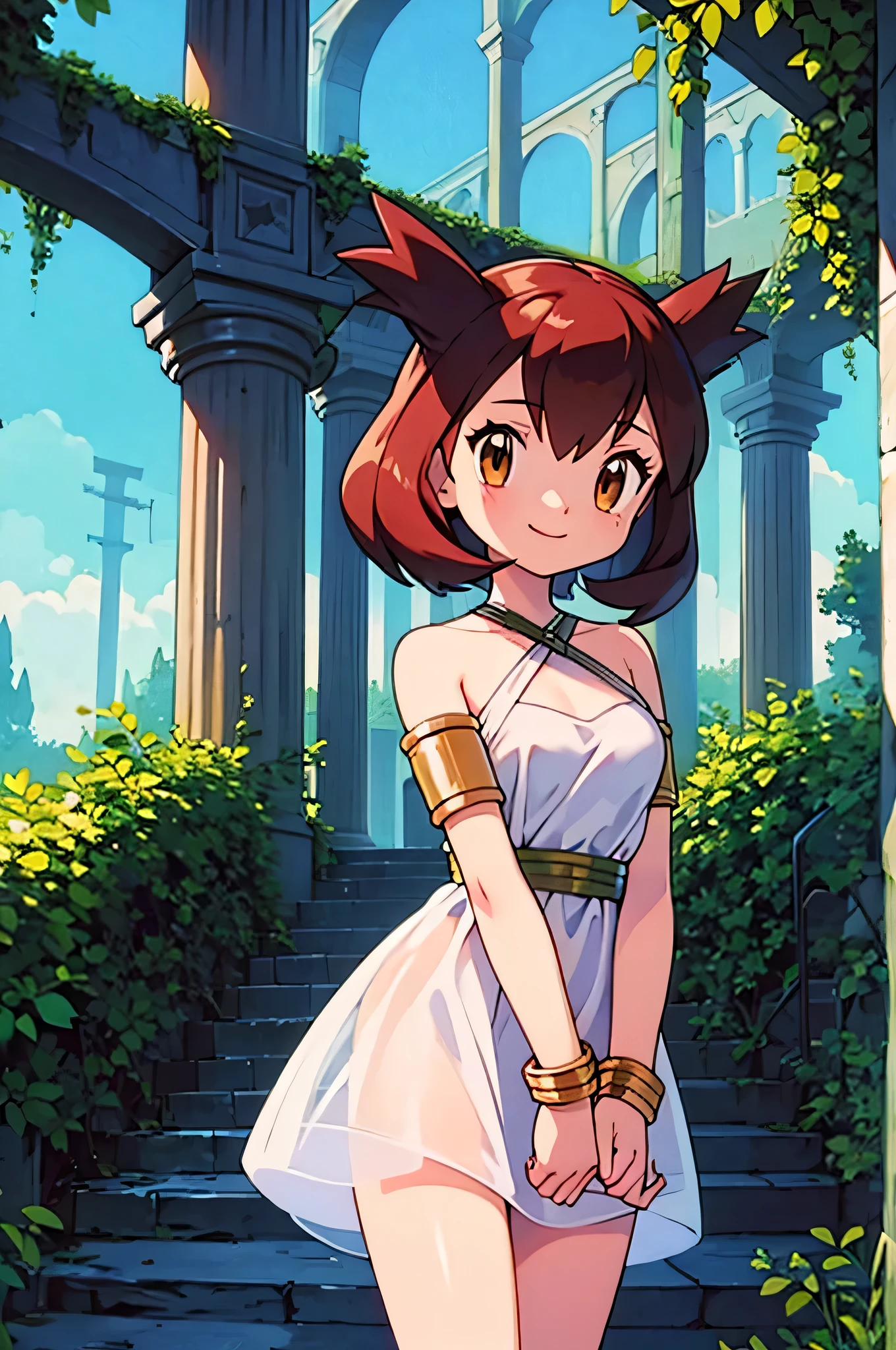 masterpiece, best quality, ultra-detailed, illustration, beautiful detailed eyes, very detailed illustration, cinematic lighting, 1 girl, solo, Pokemon Heroes (Bianca), Brown Hair, brown eyes, bare shoulders, greek clothes, peplos, armlet, see-through, arch, pillar, standing near a column, overgrown, vines, blue sky, arms behind back, smile, Close up, looking at viewers, far from the bottom