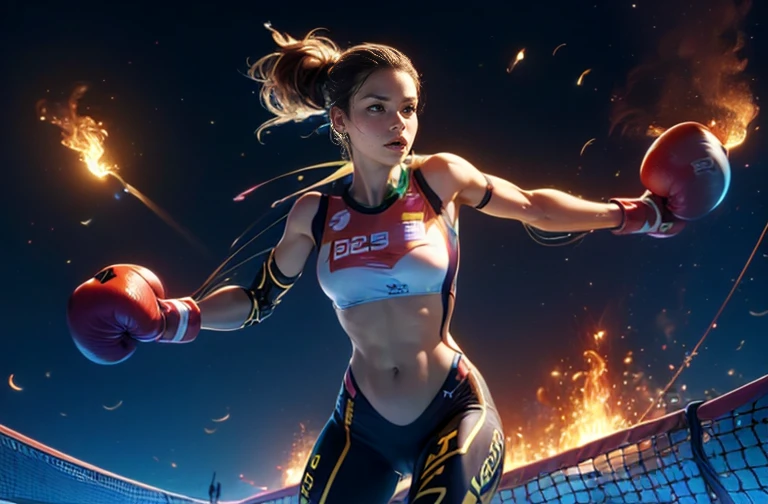 top quality, future world, State-of-the-art robot, Beautiful Woman, cycling, boxing, badminton, volleyball, basketball, fencing , flying hair, Transformed into a cyborg except for the face, sexy images, whole body photo, (((Olympic flame, gold medal)))
