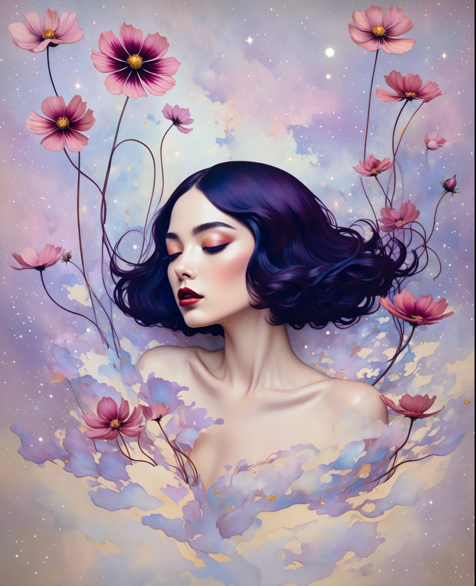 chiaroscuro technique on sensual illustration of an elegant , retro and vintage ,Chocolate Cosmos (Cosmos atrosanguineus) around body, matte painting, by Hannah Dale, by Harumi Hironaka, extremely soft colors, vibrant, pastel, highly detailed, digital artwork, high contrast, dramatic, refined, tonal, golden ratio,