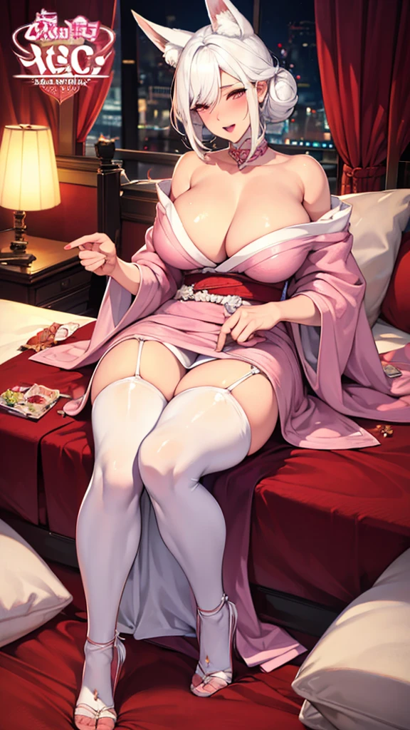 actual, , white hair, big eyes, Smile,open mouth,big breasts,glowing eyes,open lips, blush, daytime,background orc ears,Fox fairy,Kimono decoration,sexy,exposed,charming smile,Half-dressed kimono,white fox ears,White pink fox tail,high thigh slit,,Exquisite background,Mature,red background,Warm colors,red sleeves,Bright colors,white hair,Sense of lens,Lying in bed,Mature women