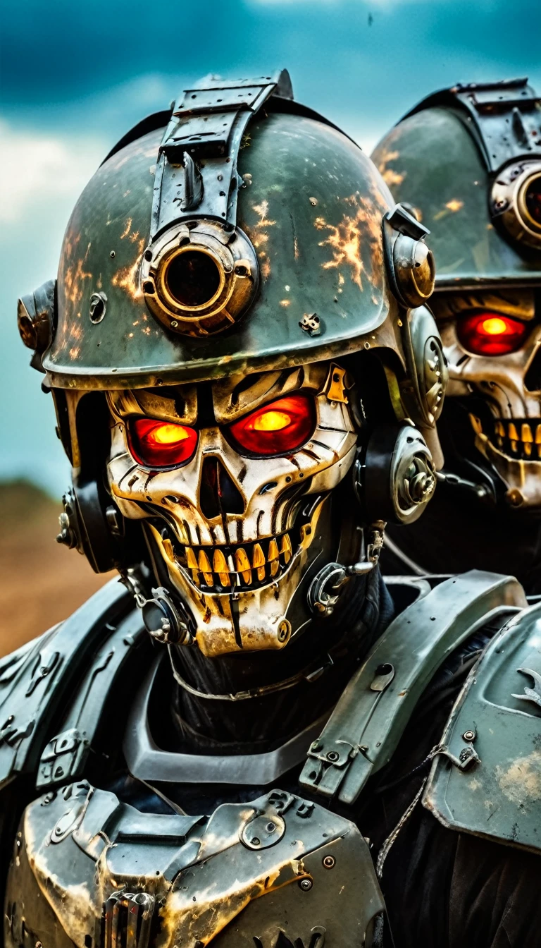 Close-up of a ((extremely beautiful male warior)) , half human, half beast, their faces a bit partially obscured by military helmets. Their eyes are filled with hapiness and longing. The background is a trail of blood and violence. He wears a mechanized robot armor, carved with animal elements, human skulls. The sky is filled with swirling, fiery clouds. The photo conveys a strong sense of the warrior's appearance, ((smiling))