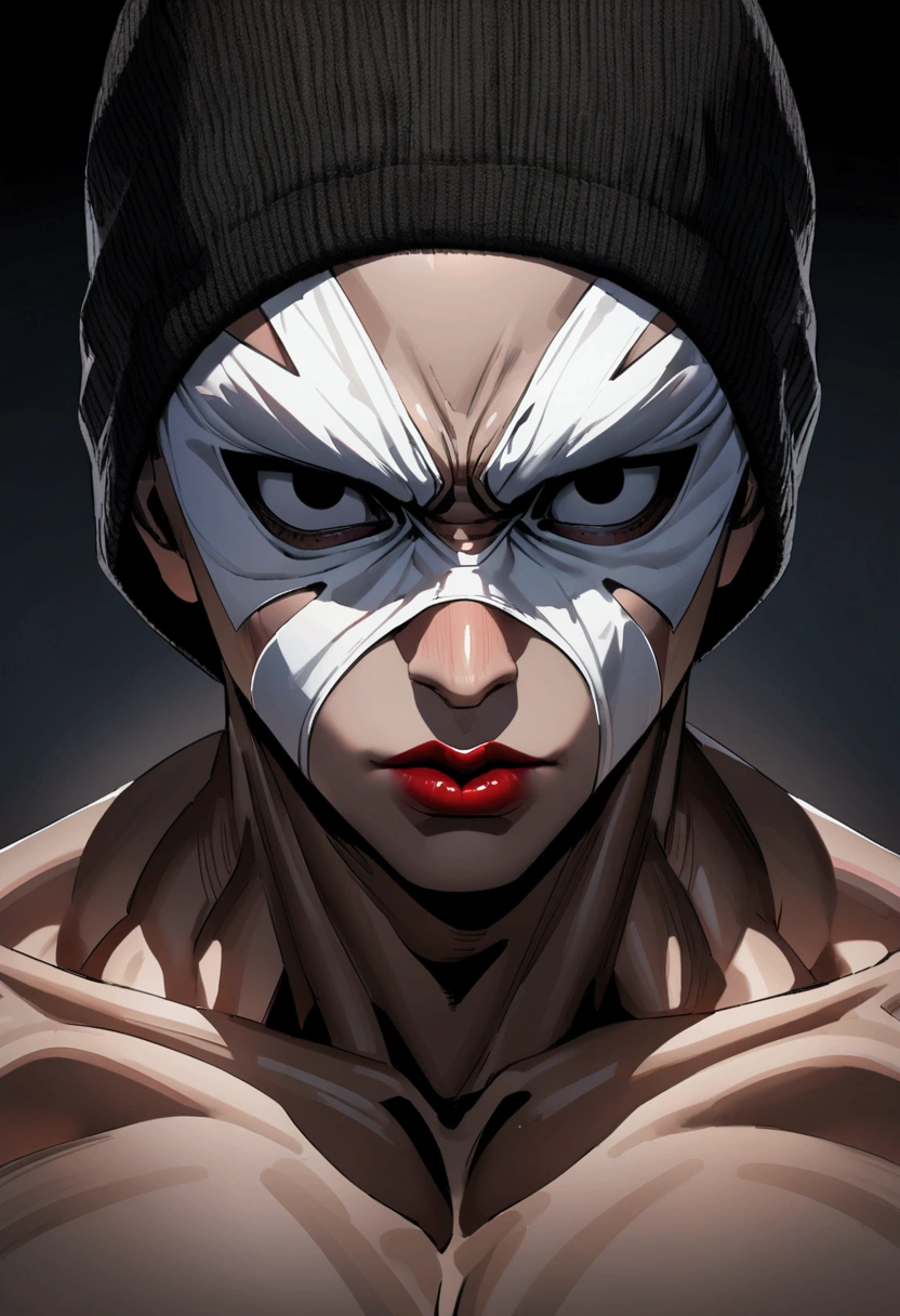 a muscular teenager angry face with black beanie hat and brown hair, Behind him is a white mask of an eyeless mime with red lips on a black background