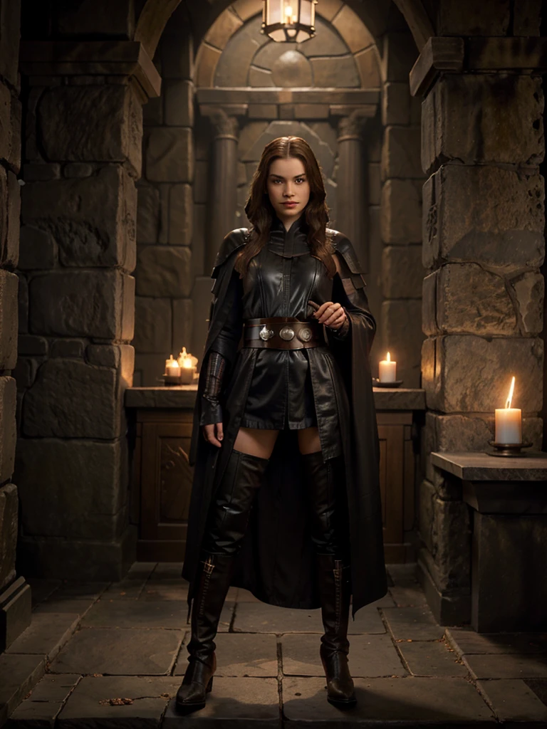 (medium full shot) of (malevolent sith lord) Padme, human, pale skin, blue eyes, brown hair, wearing a hooded Sith robe, armored Sith tunic, utility belt with pouches, armored Sith boots, flowing Sith cloak, holding pike red lightsaber, smiling at the viewer, set in Sith Ancient Temple, Gloomy chamber with towering stone pillars etched with ancient runes, a massive stone altar at the center, iron sconces with flickering torches, an ornate wooden chest with intricate carvings, weathered stone benches lining the walls , at twilight, star wars universe, Masterpiece,best quality, photorealistic, amazing quality, very aesthetic, extremely detailed face,