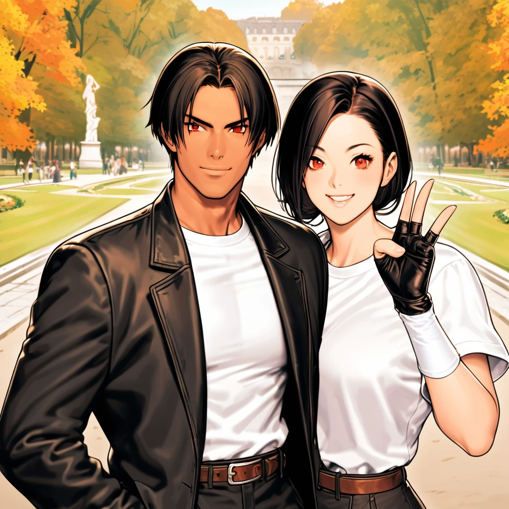 Orochikyo, Two people, ツーshot, Dark Skin, Red eyes, Black jacket, Fingerless gloves, Black Hair, White T-shirt, （（White bowl roll））, Black trousers, White shoes, Brown belt, good looking, shot, Charm, masterpiece, High resolution, Detailed face, fine grain, A confident smile, A man and a woman laughing with the Tuileries garden in the background, Men and women have the same hairstyle and clothing, peace sign。