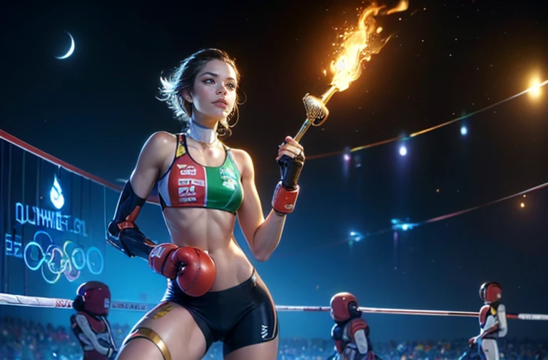 top quality, future world, State-of-the-art robot, Beautiful Woman, cycling, boxing, badminton, volleyball, basketball, fencing , flying hair, Transformed into a cyborg except for the face, sexy images, whole body photo, (((Olympic flame, torch, gold medal on neck)))