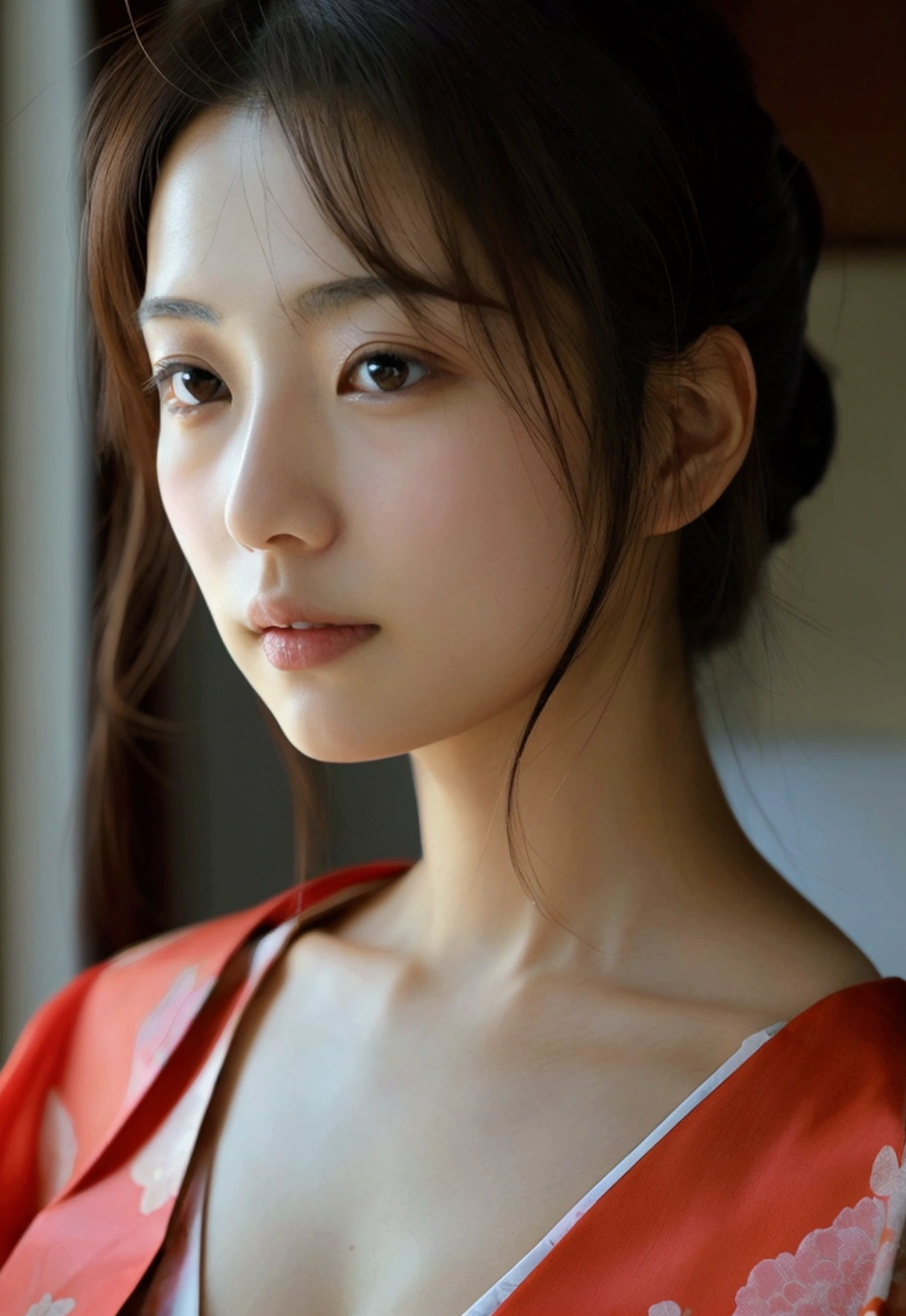 Japanese women、Clothes that do not expose skin、One piece clothes、Close-up of face and chest、Medium Hair