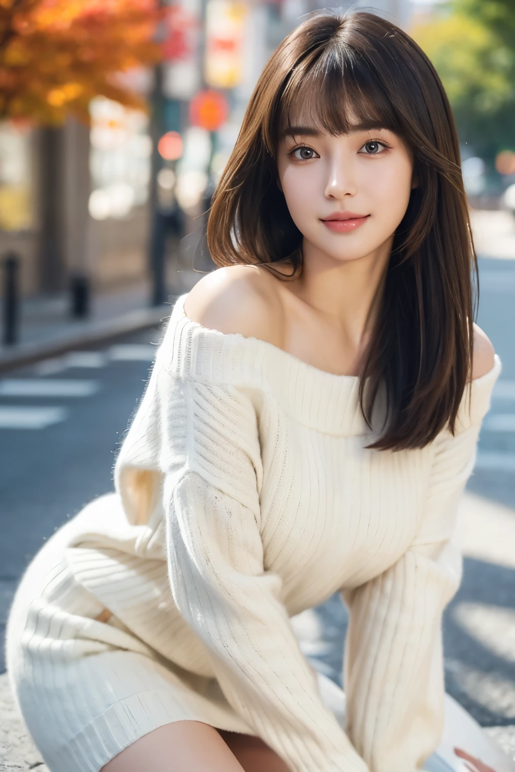 ((masterpiece)), ((Highest quality)), (Very detailed), Genuineistic, Genuine, Dynamic Angle, whole body,Front view, Young and pretty girl in Japan ,city, town, Daytime, autumn, Attractive person ,Long Bob Hair ,One girl, alone, A big smile, Off-shoulder white sweater, Black mini skirt, ((Beautiful Eyes)), barge chest, Big smile, Super cute face, Glossy Lips, Double eyelids on both eyes, Natural Makeup, shiny smooth light brown hair of Long Bob Hair, Asymmetrical bangs, High resolution, Attention to detail, Detailed hairstyle, Detailed face, Cinema Lighting, Octane Rendering, hyper Genuineistic, Perfect limbs, Perfect Anatomy