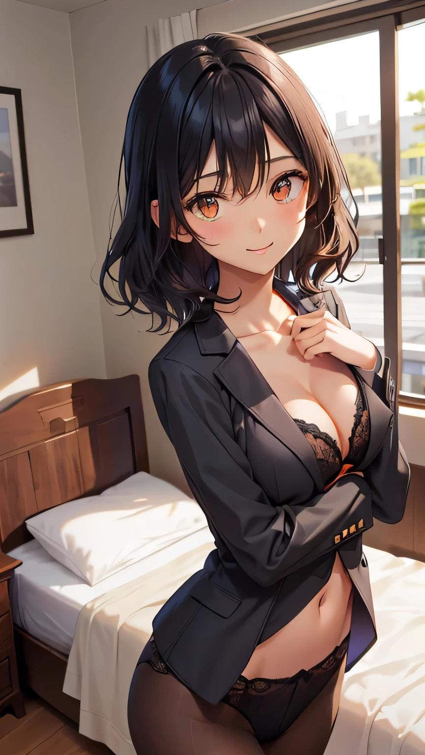 highest quality、Realistic、female、zoom、Orange Eyes、Short black wavy hair、Tempered body、Lingerie、Changing clothes、A suit left behind、slender、Dark Skin、smile、Bedroom at night、Bust Shot、