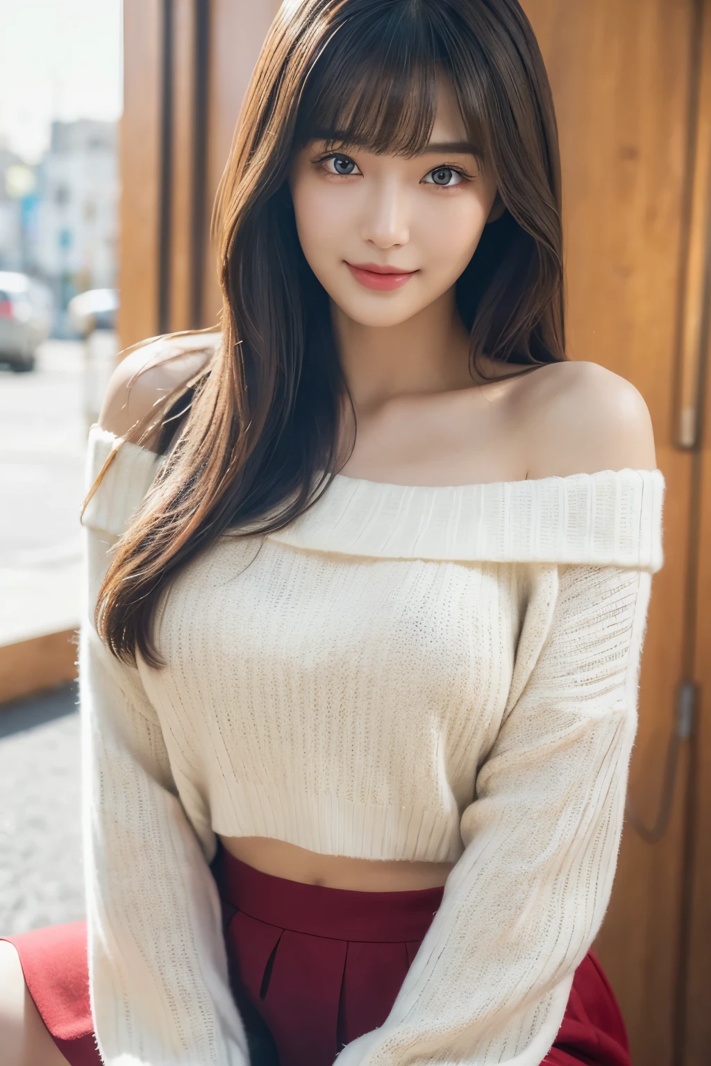 ((masterpiece)), ((Highest quality)), (Very detailed), Genuineistic, Genuine, Dynamic Angle, whole body,Front view, Young and pretty girl in Japan ,city, town, Daytime, autumn, Attractive person ,Long Bob Hair ,One girl, alone, A big smile, Off-shoulder white sweater, Black mini skirt, ((Beautiful Eyes)), barge chest, Big smile, Super cute face, Glossy Lips, Double eyelids on both eyes, Natural Makeup, shiny smooth light brown hair of Long Bob Hair, Asymmetrical bangs, High resolution, Attention to detail, Detailed hairstyle, Detailed face, Cinema Lighting, Octane Rendering, hyper Genuineistic, Perfect limbs, Perfect Anatomy