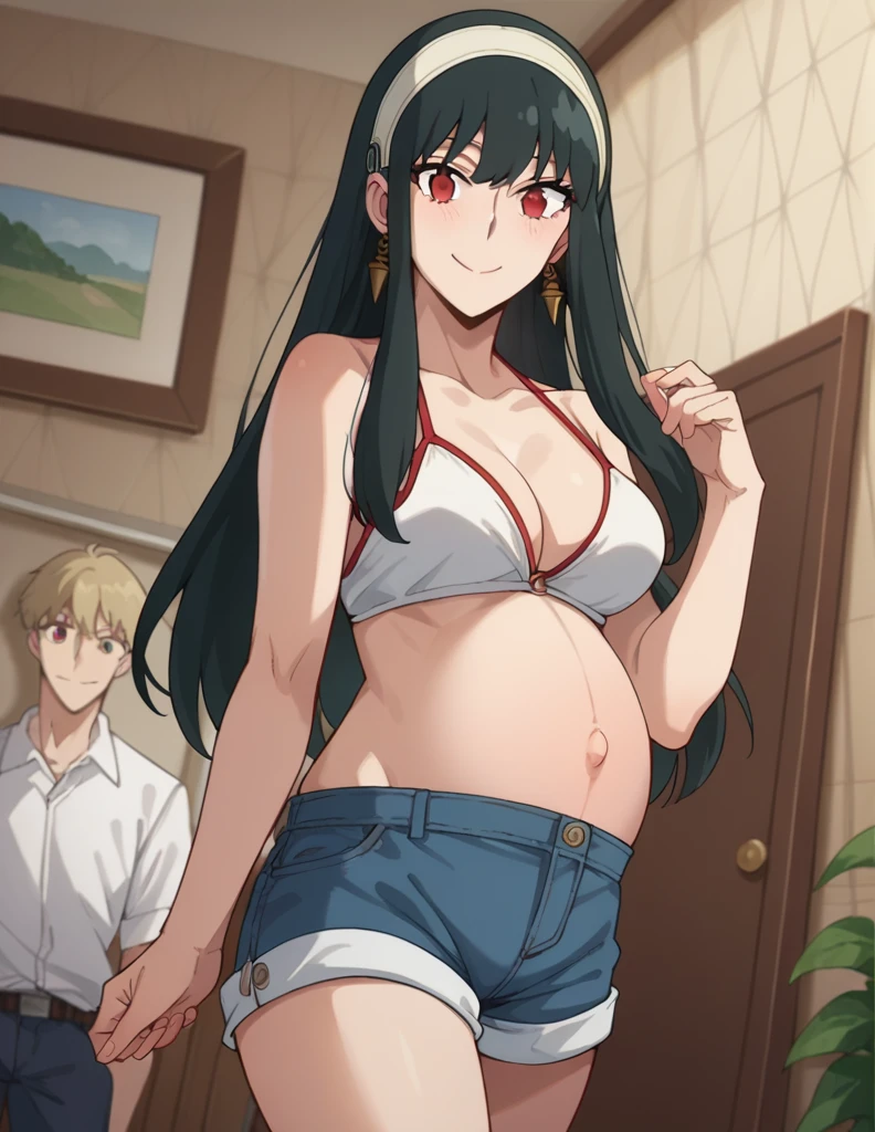 score_9, score_8_up, score_7_up, source_anime,
yorbriar, yor briar, black hair, red eyes, earrings, white hairband, hairband, long hair, sidelocks,
bare shoulders, bikini, shorts, thighs,
indoors, smile,
looking at viewer, dutch angle, cowboy shot, pregnant 