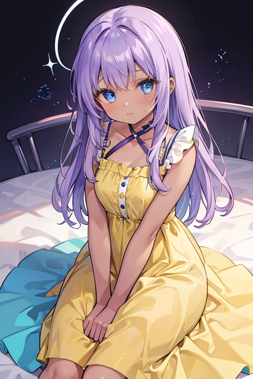 Girl with purple hair with blue eyes and a yellow dress and dark skin