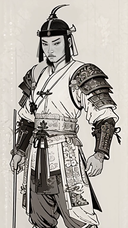 (((Monochrome)))、(((Ink Painting)))、((Androgynous man in ancient Chinese iron armor with bun hair and white swimming cap))、Point your hands down、Line art、Oriental、Ultra-high resolution、Game Poster、Crisp and beautiful image quality、whole body ,(((Ancient Chinese armor, Dragon head on shoulder, (Ancient Chinese armor with intricate pattern:1.2))), gloves, Long trousers, (Very detailed, bloom:1.5), (Highest quality, Concept Art, 4K), (analog:1.2), (high sharpness), (Detailed pupil:1.1), Detailed face and eyes, masterpiece, Highest quality,8k, (Black Hair, Dynamic Short Hair), (PurerosFace_v1:0.2), [:(Detailed face:1.2):0.2], sharp, Realistic Shadows, 