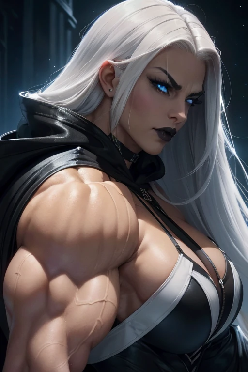 ((Close-up)), tall, (White hair) beautiful muscular woman, long straight hair, light brown skinned, closed smile, (black lipstick), (massive muscles), (hyper muscle), ((ginormous bulky muscles)), glowing blue eyes, ((black hooded coat and long black shorts)), (carrying a two-pronged spear), choker, thigh high boots, (Dark and moody universe:1.3)