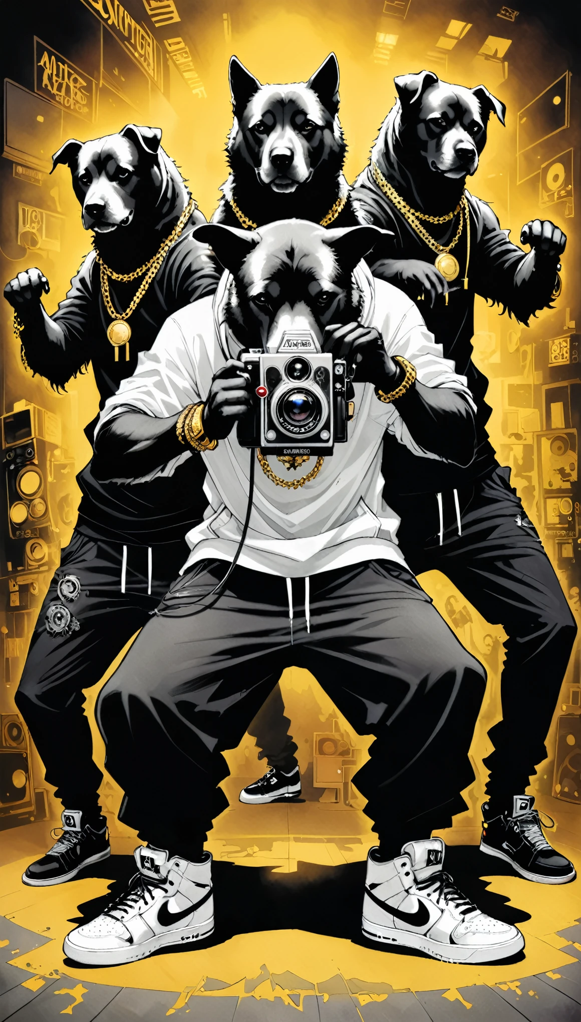 in style of Santiago Caruso,in style of Mike Azevedo,(Anthropomorphic Photography camera),Photography camera as head, Huge woofers, Hip hop style trends, hip hop classic clothing,Dynamic poses,Hip-hop pose,Self-luminous, The dominant hip-hop cult