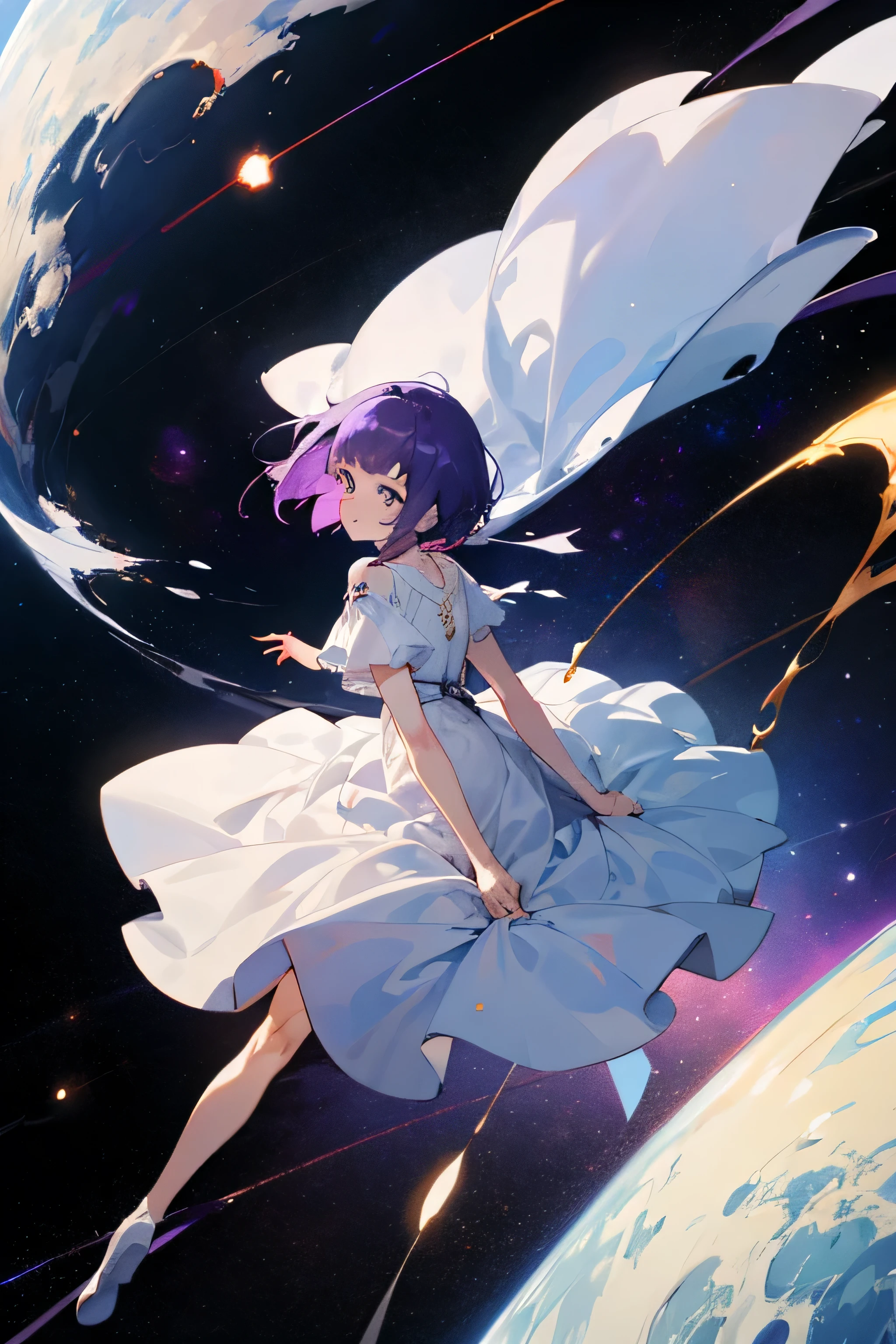 Girl with short purple hair in a white dress, Background of space, Ultra-high image quality, 8 K