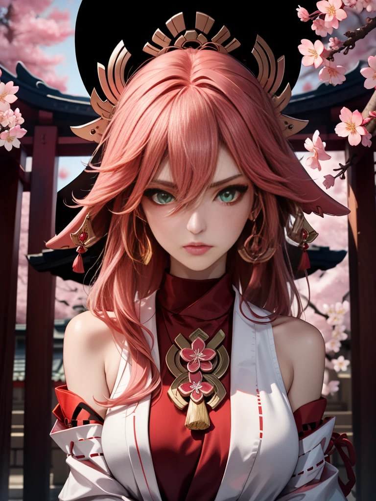 (Masterpiece, Excellent, 1girl, solo, complex details, color difference), realism, ((medium breath)), off-the-shoulders, big breasts, sexy, Yae Miko, long pink hair, red headdress, red highlight, hair above one eye, green eyes, earrings, sharp eyes, perfectly symmetrical figure, choker, neon shirt, open jacket, turtleneck sweater, against the wall, brick wall, graffiti, dim lighting, alley, looking at the audience, ((mean, seductive, charming)), ((cherry blossom background ))),((Japanese temple background)))), (((Glow-in-the-dark background)))