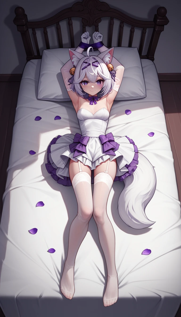 UHD, masterpiece, best quality, midnight, artificial lighting, full body lighting, soft light, diffuse light, shade, messy bed, lying on bed, 1girl, solo, Filian, fox tail, cat ears, white hair, short hair, ahoge, hairclip, hair bell, big round eyes, deep purple eyes, ((dark purple eyes)), blush, seductive smile, white wedding dress, white lace arm sleeve, white gloves, white lace stockings, slim arms, slim legs, Eye-Level Shot, hands tied above the head with a purple ribbon, front light, no shadow, full body pose, innocent pose, front view, scattered petals