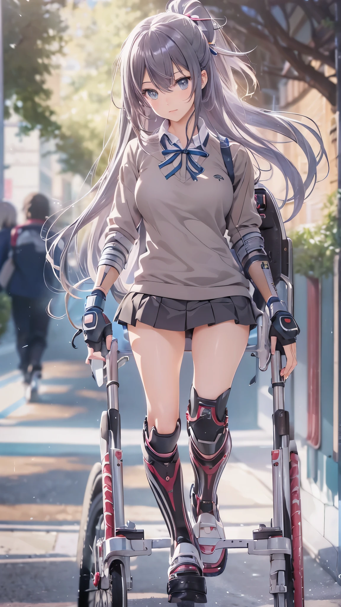 (Highest quality,4K,8k,High resolution,Tabletop:1.2), Very detailed, (Realistic,photoRealistic,photo-Realistic:1.37),(whole body),((In the hospital)),Sickly beautiful girl, sad,I was surprised,((Gray hair color)),((Long Hair)),((She is in a wheelchair)),((She is pushing a wheelchair)),((She has difficulty walking)),((She is a wheelchair user)),((Hair above the eyes)),((school uniform,Jumper skirt,ribbon,blouse)),((Wear black open-finger gloves)),((Leg Brace)),((Casts on her legs)),((Knee pads)),((Leg braces)),Espadrilles,Beautiful and detailed, Beautiful lip detail, Very detailed目と顔, Long eyelashes, Realistic anime 3D style, Smooth anime CG art, Digital rendering by Makoto Shinkai, Moe anime art style, photoRealistic rendering of an anime girl, Shinkai Makoto style, Cute anime girl visuals, Realistic young anime girl, Girl Fanart, Works by anime artists'Studio.