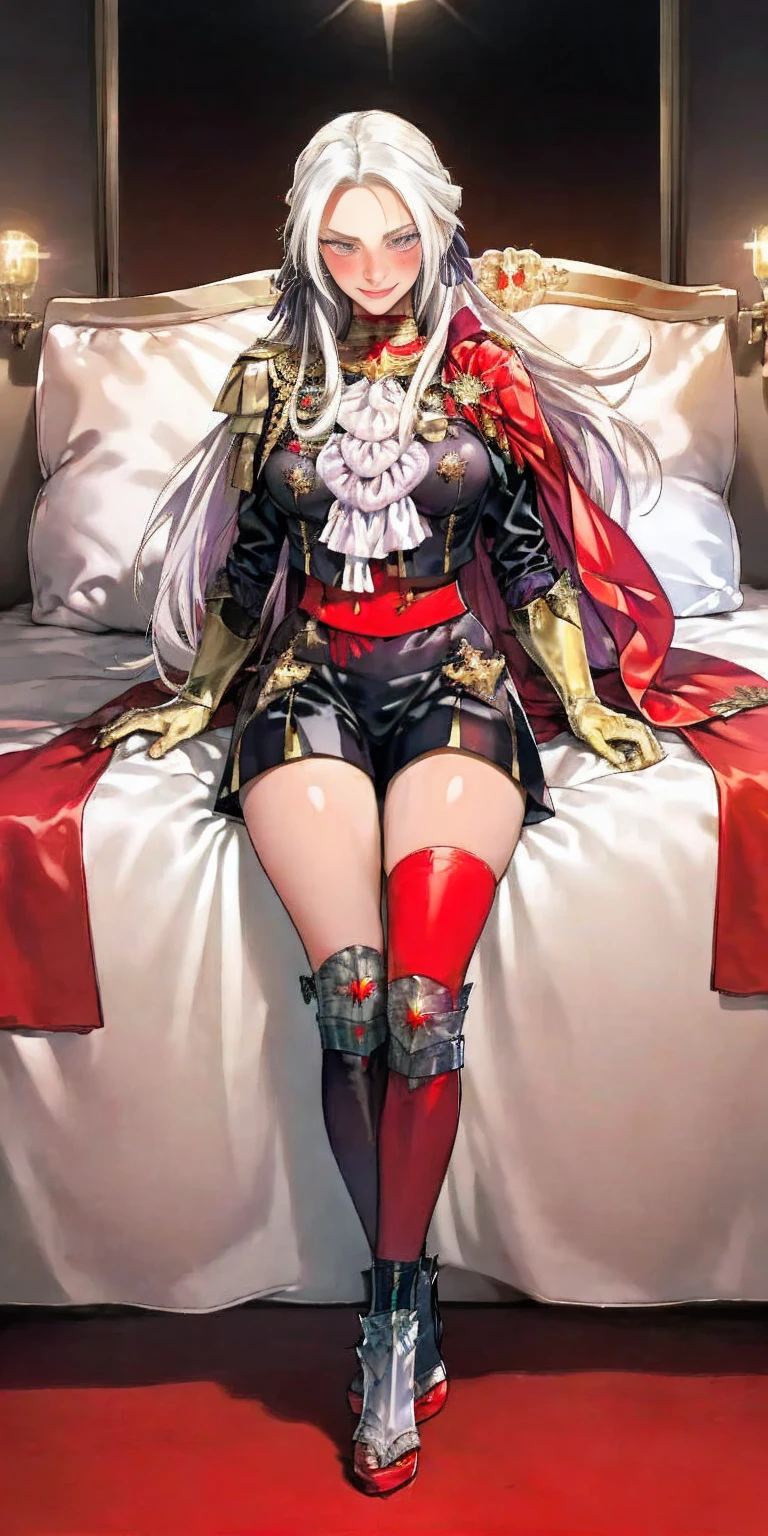 masterpiece, best quality, Edelgard von Hresvelg, purple eyes, hair ribbon, red cape, black jacket, yellow bikini with metal sandals, ascot tie, red gloves gauntlets, full body sitting on bed, sitting, portrait, looking at viewer, furrowed brow, smile red blushed, crossed arms, bedroom background