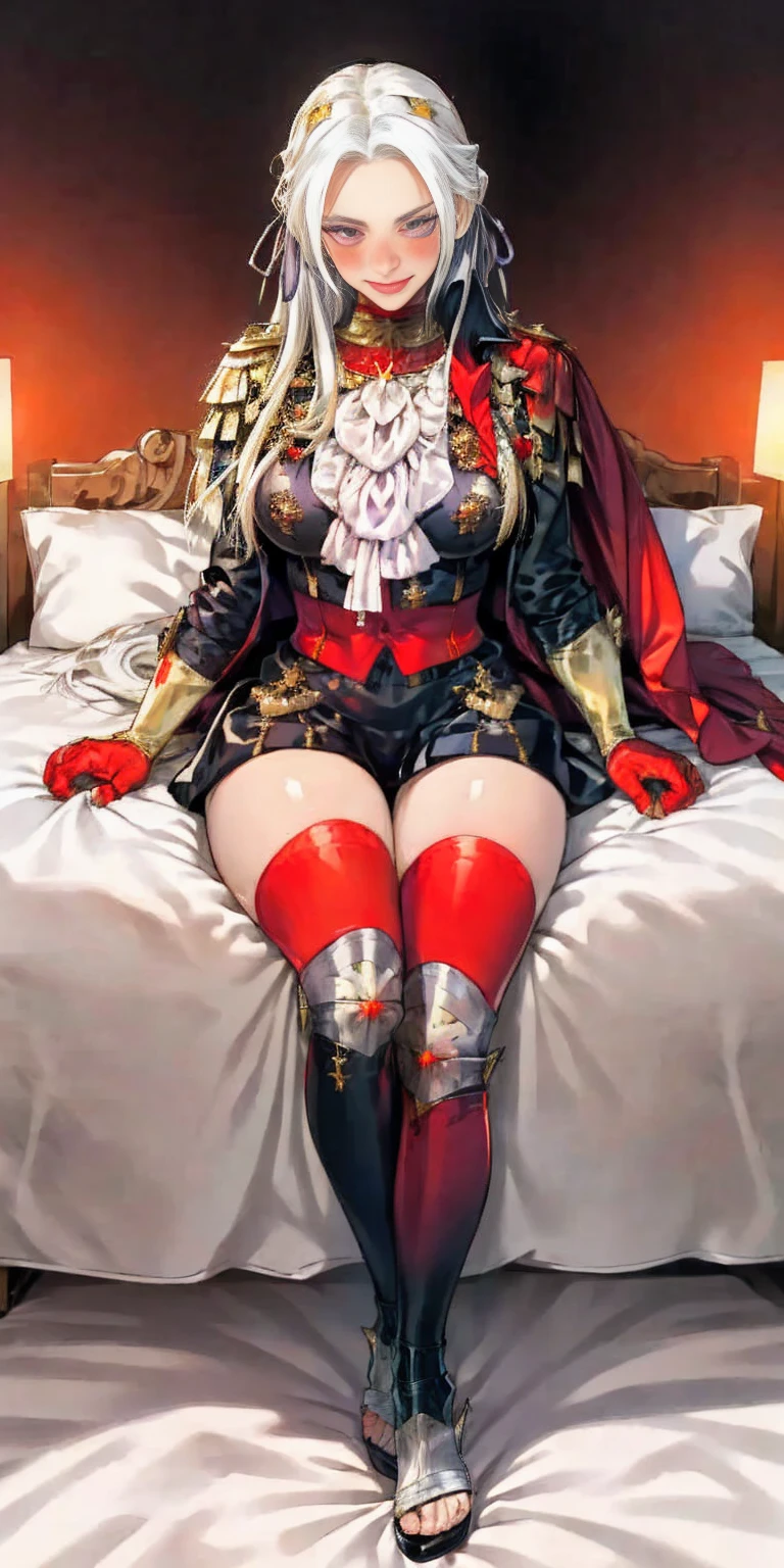 masterpiece, best quality, Edelgard von Hresvelg, purple eyes, hair ribbon, red cape, black jacket, yellow bikini with metal sandals, ascot tie, red gloves gauntlets, full body sitting on bed, sitting, portrait, looking at viewer, furrowed brow, smile red blushed, crossed arms, bedroom background