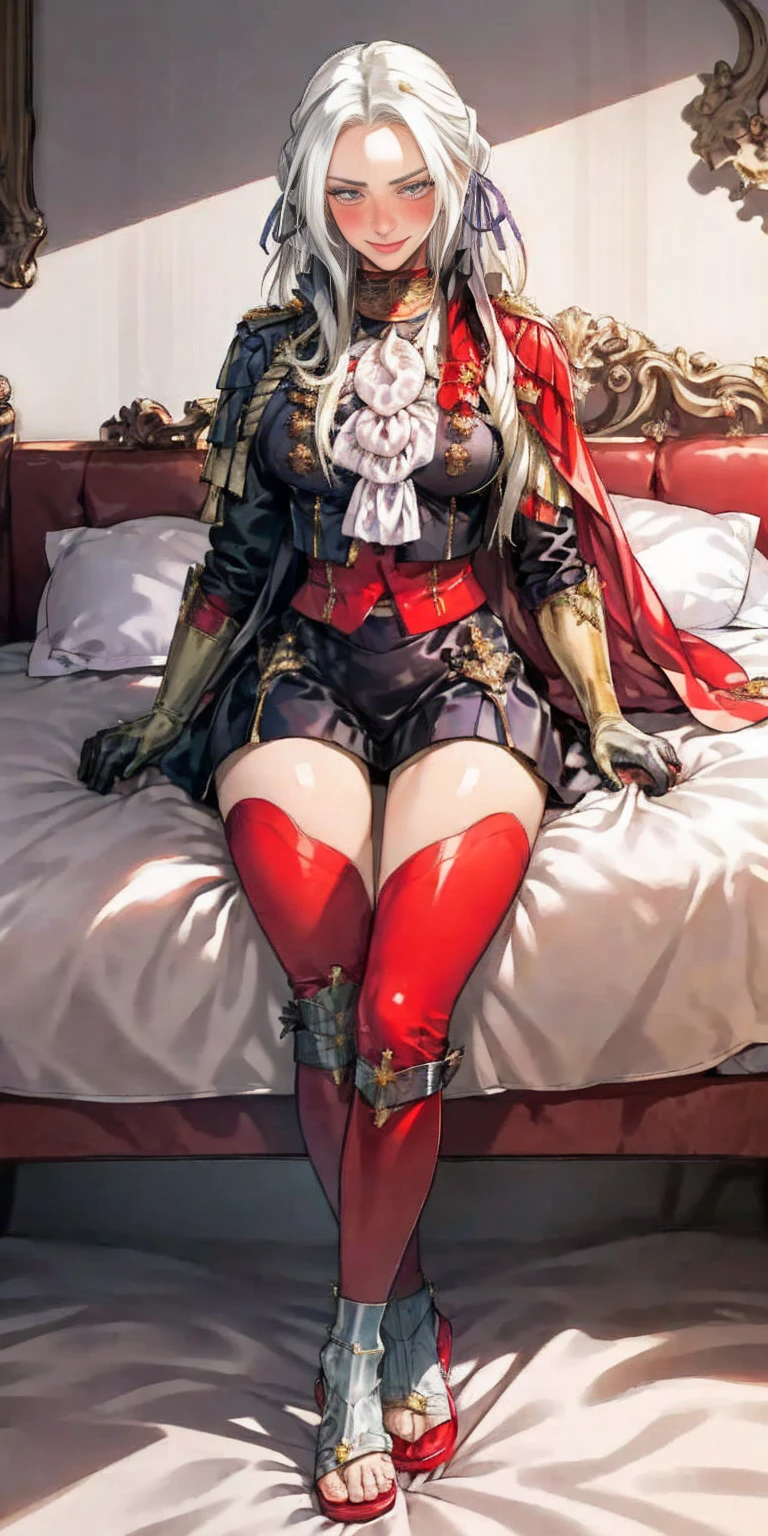 masterpiece, best quality, Edelgard von Hresvelg, purple eyes, hair ribbon, red cape, black jacket, yellow bikini with metal sandals, ascot tie, red gloves gauntlets, full body sitting on bed, sitting, portrait, looking at viewer, furrowed brow, smile red blushed, crossed arms, bedroom background