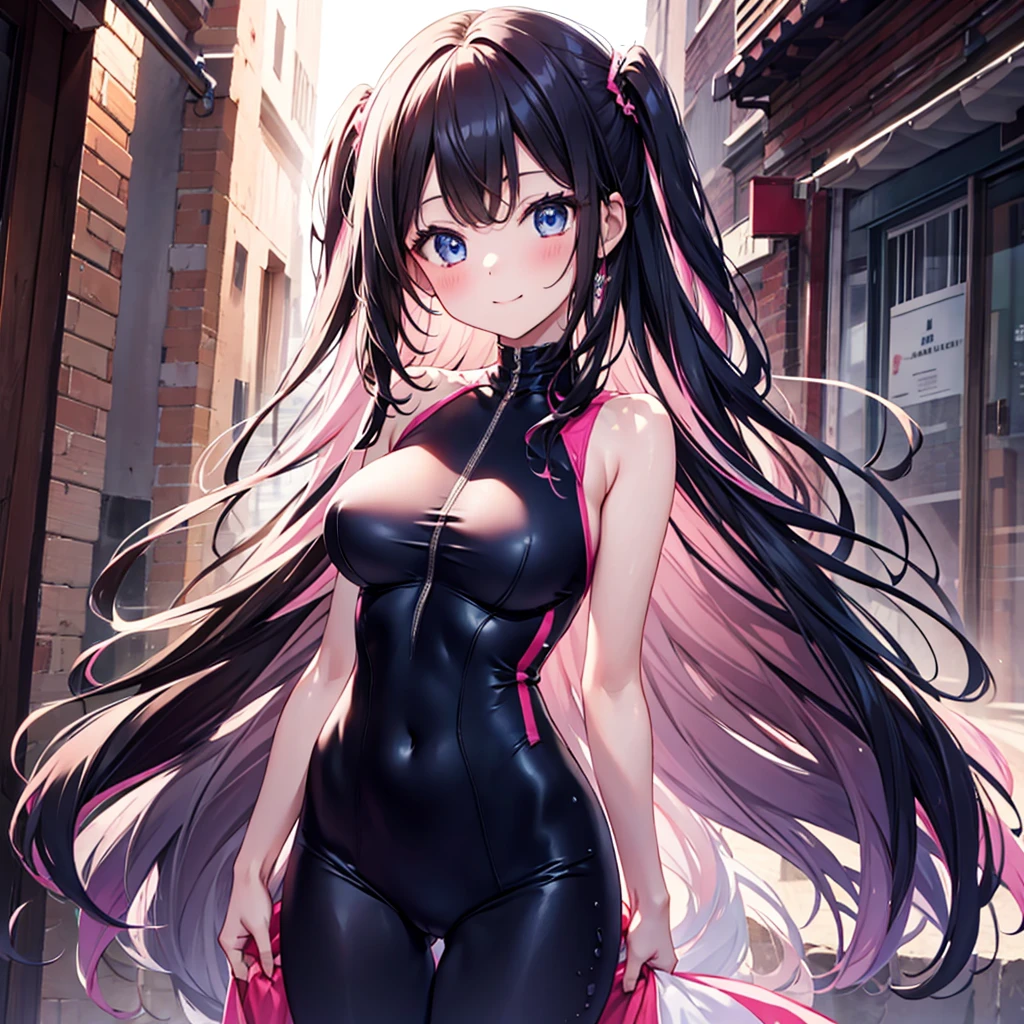 4K,High resolution, (Highly detailed CG,8k,wallpaper)、One five-year-old ,((Young Girl)),((Lori)),(Delicate and slim body),(low length),(Clean detailed eyes,smile),(Beautiful and large breasts),（Bodycon Jumpsuit,Black Suit),(Black Hair,Pink inner color hair)