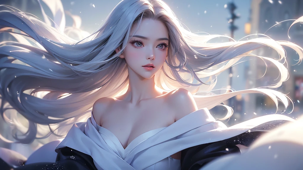 ((masterpiece:1.5、8k、Portraiture、フォトリアリスティックでVery detailedなCG、Very detailed、Particle Effects、Dynamic Effects、Shallow depth of field、Cinematic Light、Lens flare、Ray Tracing、Tabletop、Realistic:1.4、Ultra-high resolution:1.2、Realistic、Realistic))((alone、1 girl,A woman wearing a cashmere coat over an off-the-shoulder dress:1.4、Elegant woman posing、Detailed face、bright表情、young, bright, Whiter skin、Ample breasts、Best Looks、Ultimate beauty、Shiny silver hair with highlights、bright and shiny hair,、Super long, Silky straight hair、Hair dancing in the wind))(morning、The setting is outdoors in the snow、Surrounded by illuminations)Wear warm clothes